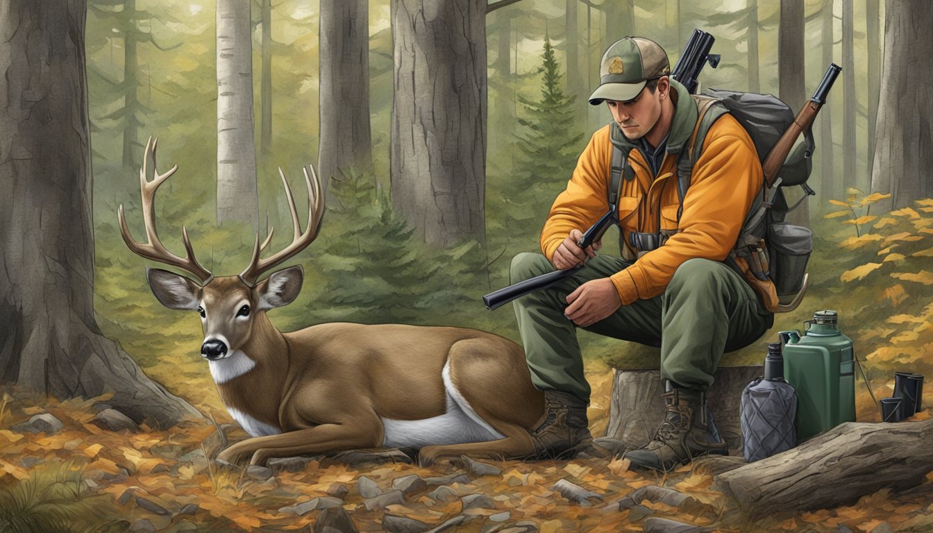 A hunter carefully prepares to field dress a deer in a wooded area, surrounded by hunting gear and safety equipment