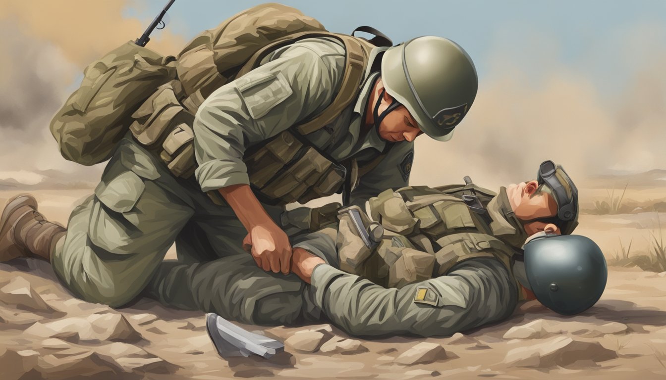 A soldier swiftly applies a field dressing to a wounded comrade's leg, preventing complications