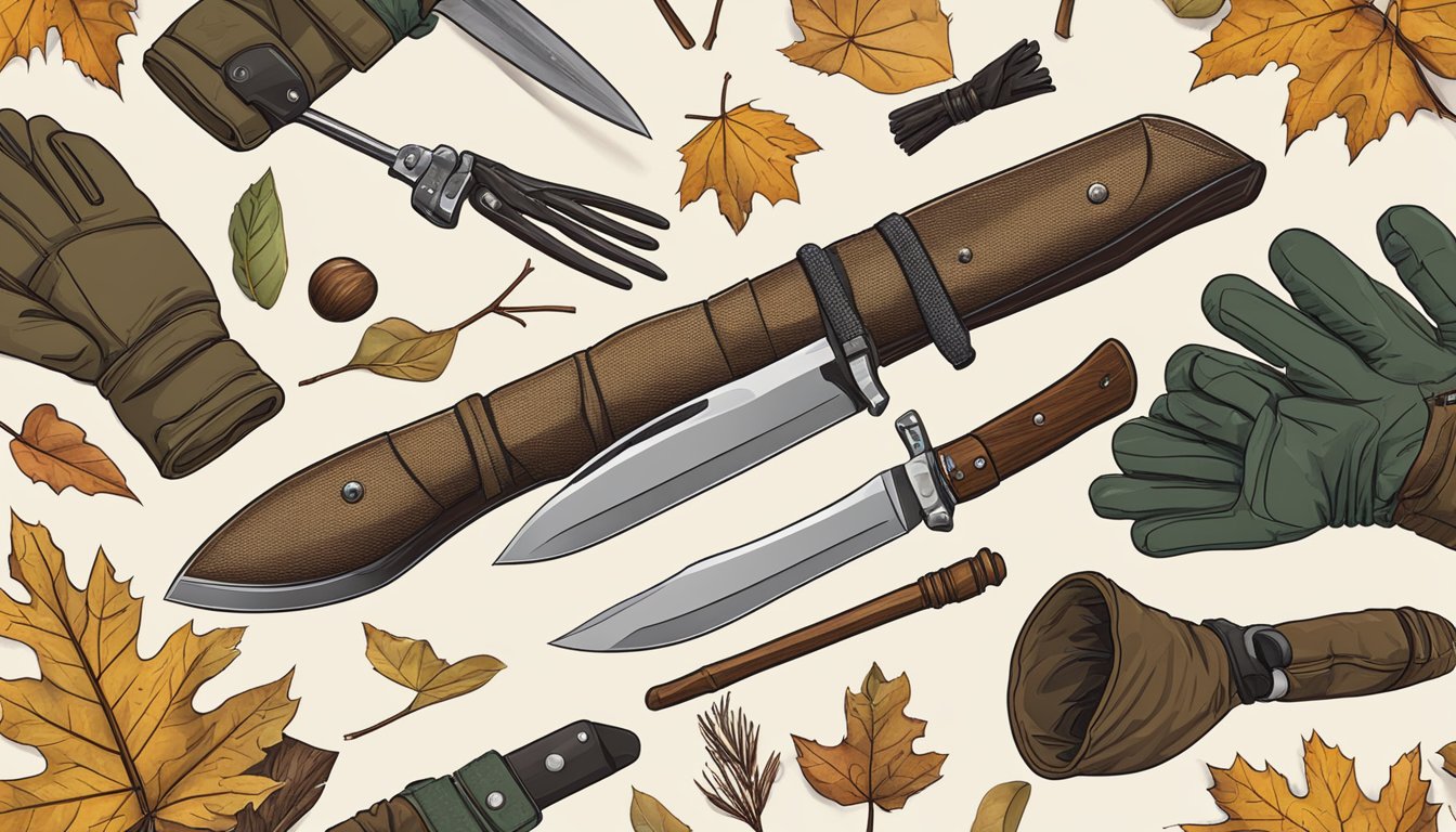 A hunter's knife, gloves, and a pile of fresh game surrounded by fallen leaves and twigs