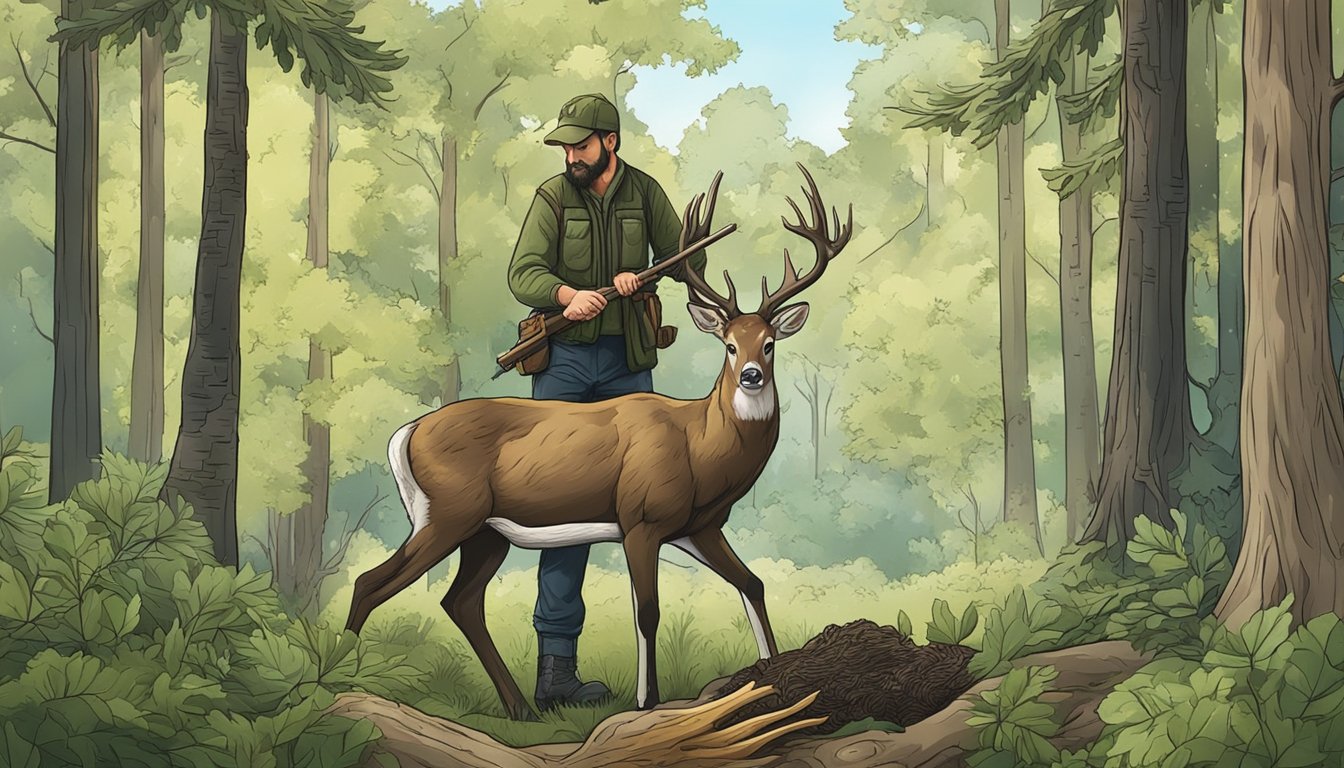 A hunter removes the entrails from a deer, surrounded by trees and nature