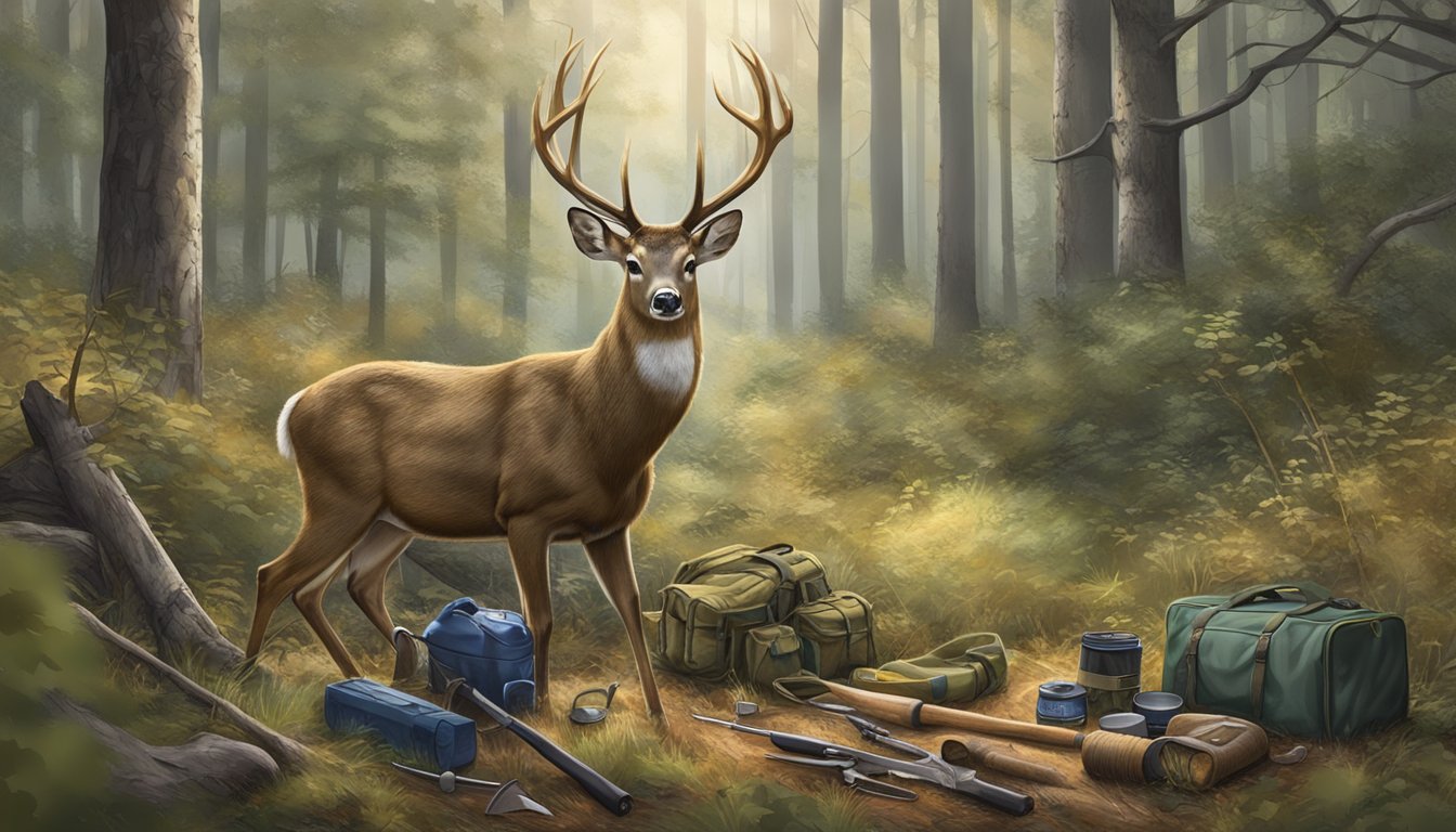 A deer being field dressed in a wooded area, with hunting gear and tools scattered around