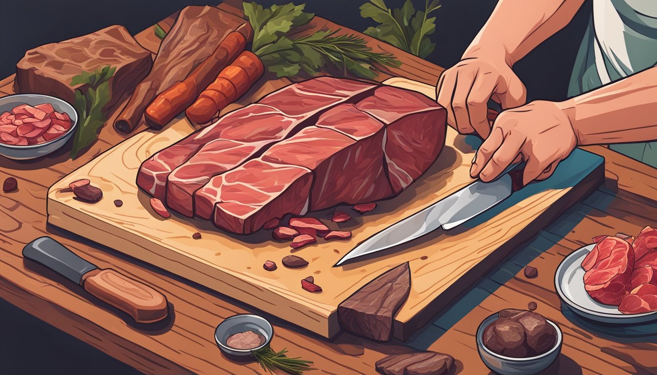 A hunter's hands wash blood off a knife and clean a cutting board next to a pile of game meat