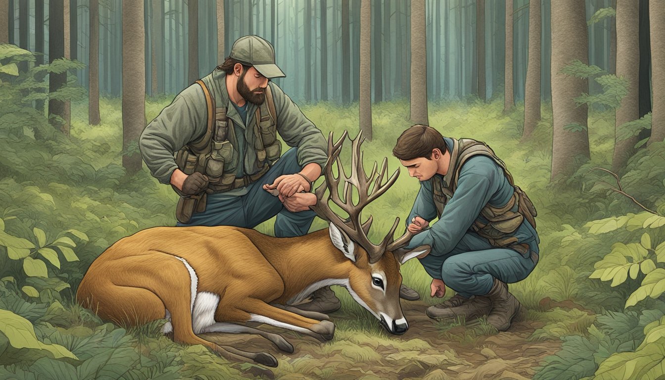 A hunter kneeling beside a deer, carefully removing its organs in a forest clearing