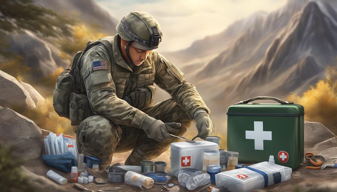 A soldier in camouflage uniform uses a knife to open a first aid kit, surrounded by scattered medical supplies and equipment in a rugged outdoor setting