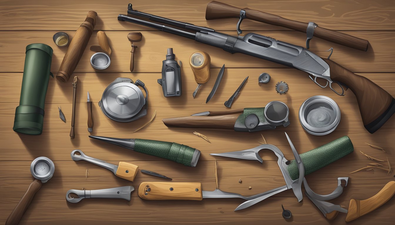 A hunter's tools and gear laid out on a wooden table after field dressing a deer