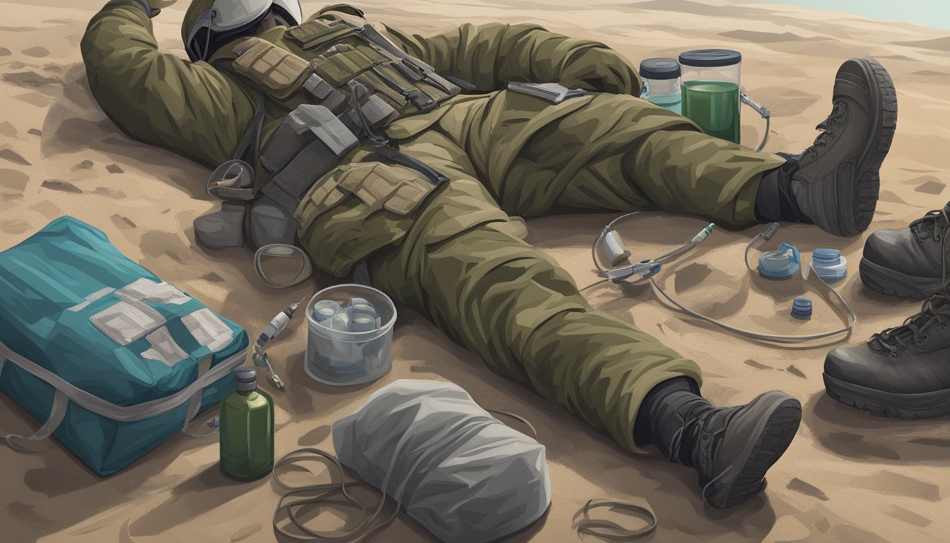 A soldier lies on the ground, surrounded by medical supplies and equipment. A resuscitation mask and army field dressing are being used to provide supportive measures