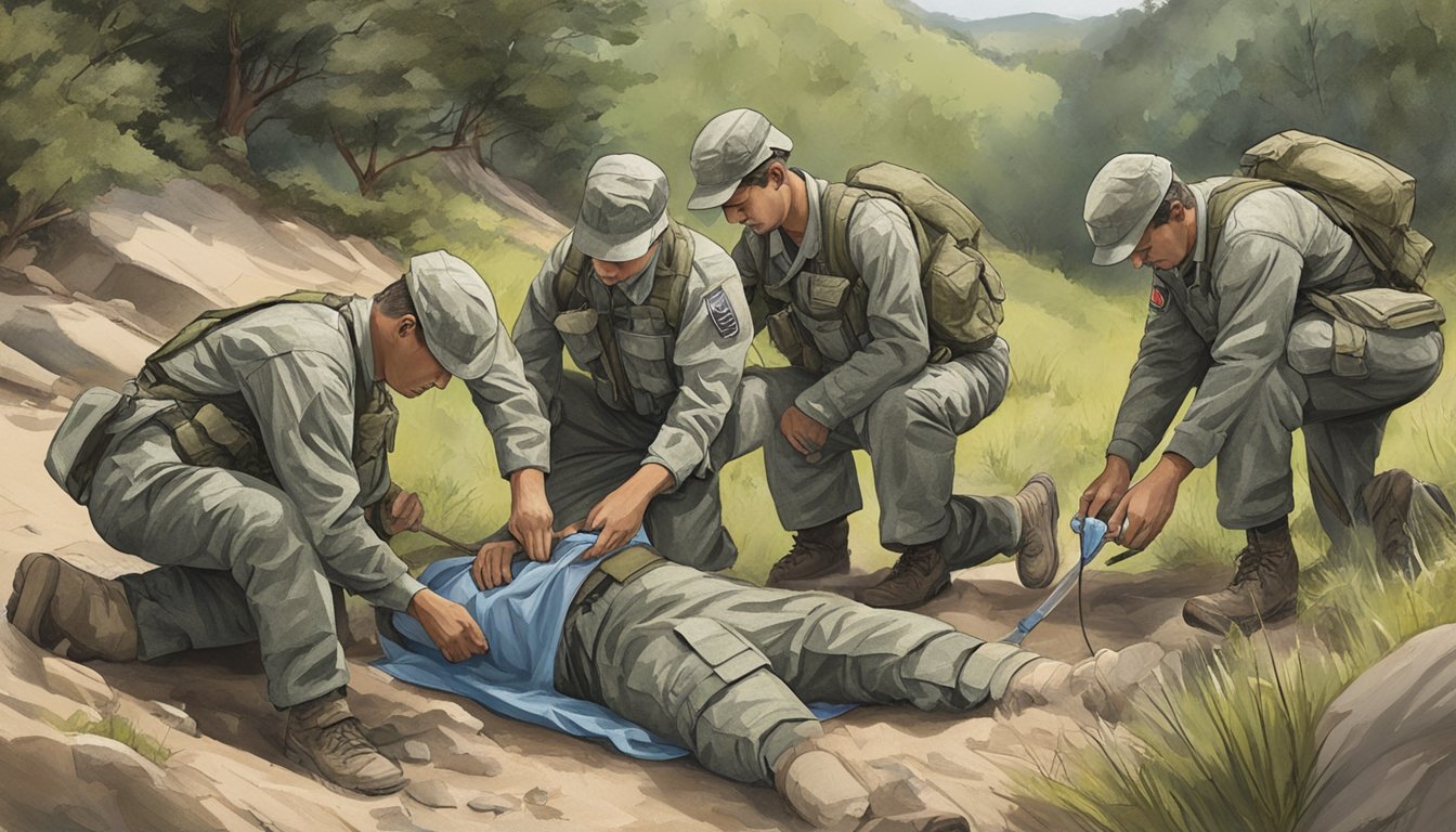 A medical personnel collaborates with army personnel to apply a field dressing in a rugged outdoor setting