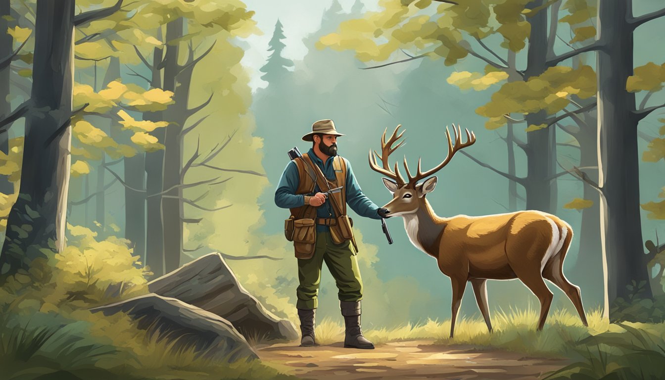 A hunter carefully field dresses a deer in a wooded area