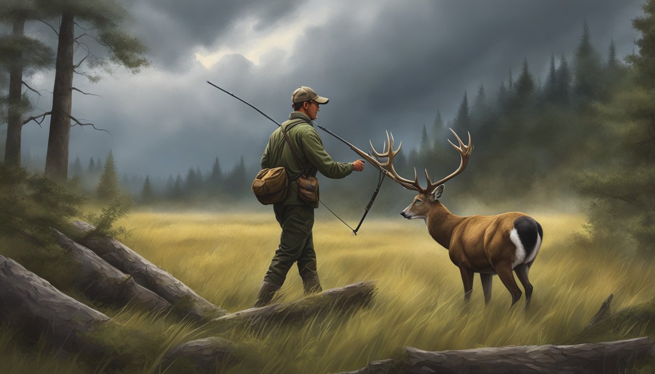 A hunter in a forest clearing, field dressing a deer with a storm approaching. Rain clouds gather overhead as the hunter works quickly