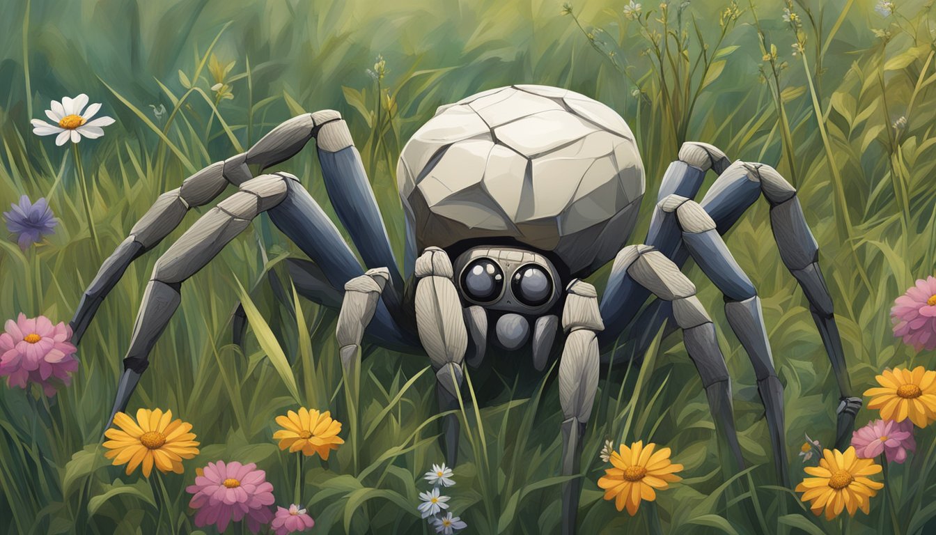 A figure carefully applies bandages to a large spider's injured leg in a field surrounded by tall grass and wildflowers