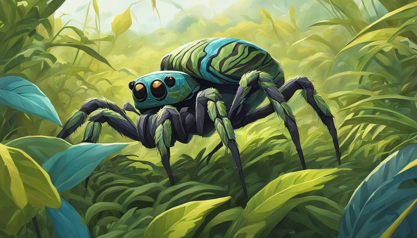 A spider-like creature carefully weaves intricate camouflage onto a scout's uniform in a field of vibrant, alien foliage