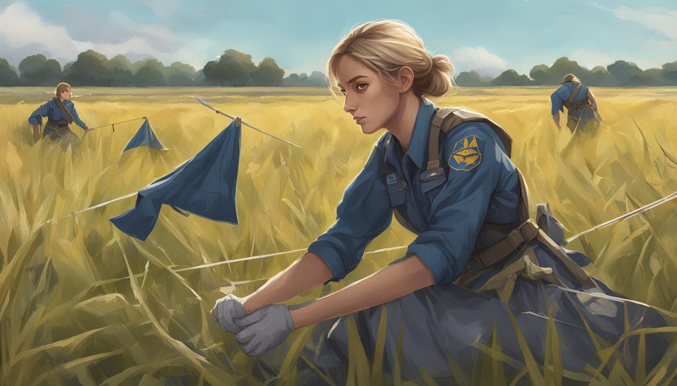 Arachne carefully patches up a torn scouting uniform in a field