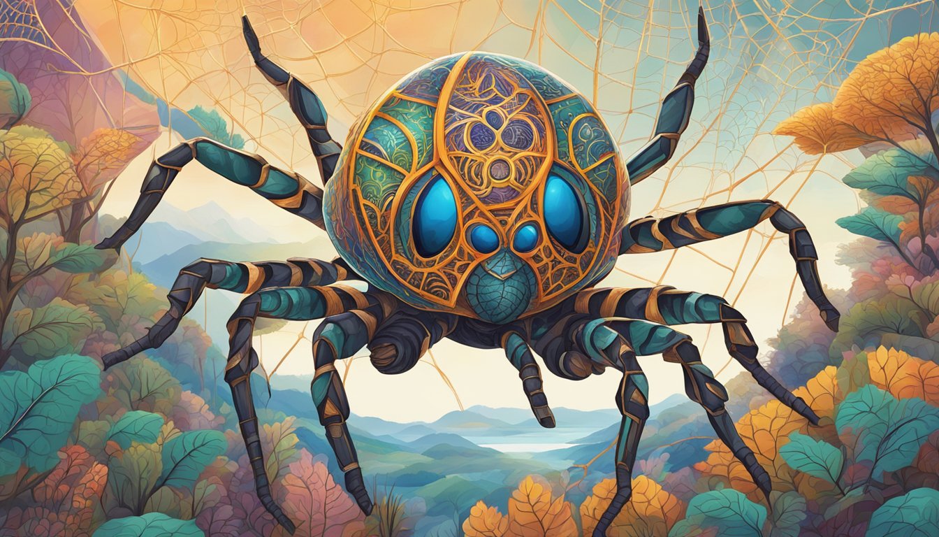 A spider-like creature weaves a colorful web over a landscape of intricate patterns and symbols