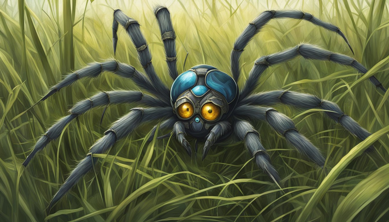 A spider-like creature adorns itself with various tools and accessories in a field of tall grass