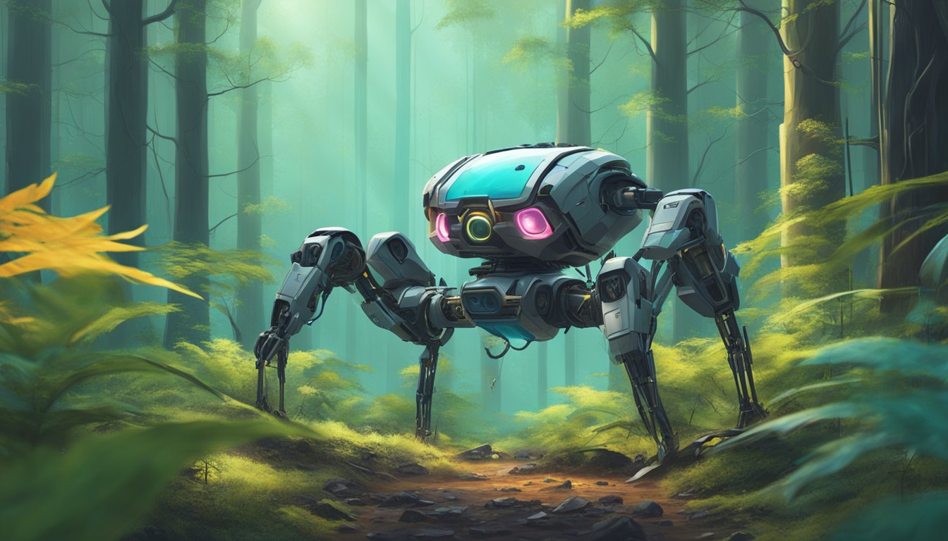 A spider-like robot performs field repairs in a futuristic forest