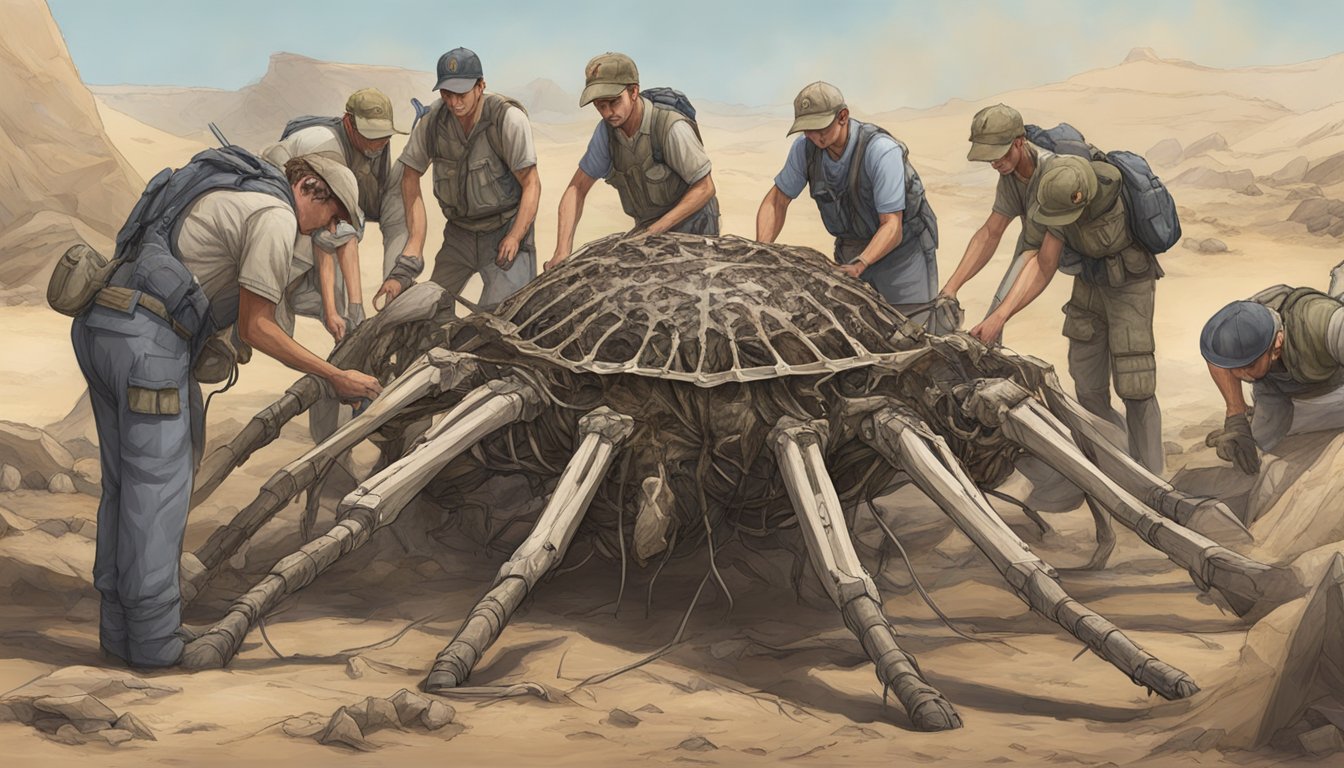 A group of players gather around a large arachne carcass, carefully removing its exoskeleton for use in scouting equipment