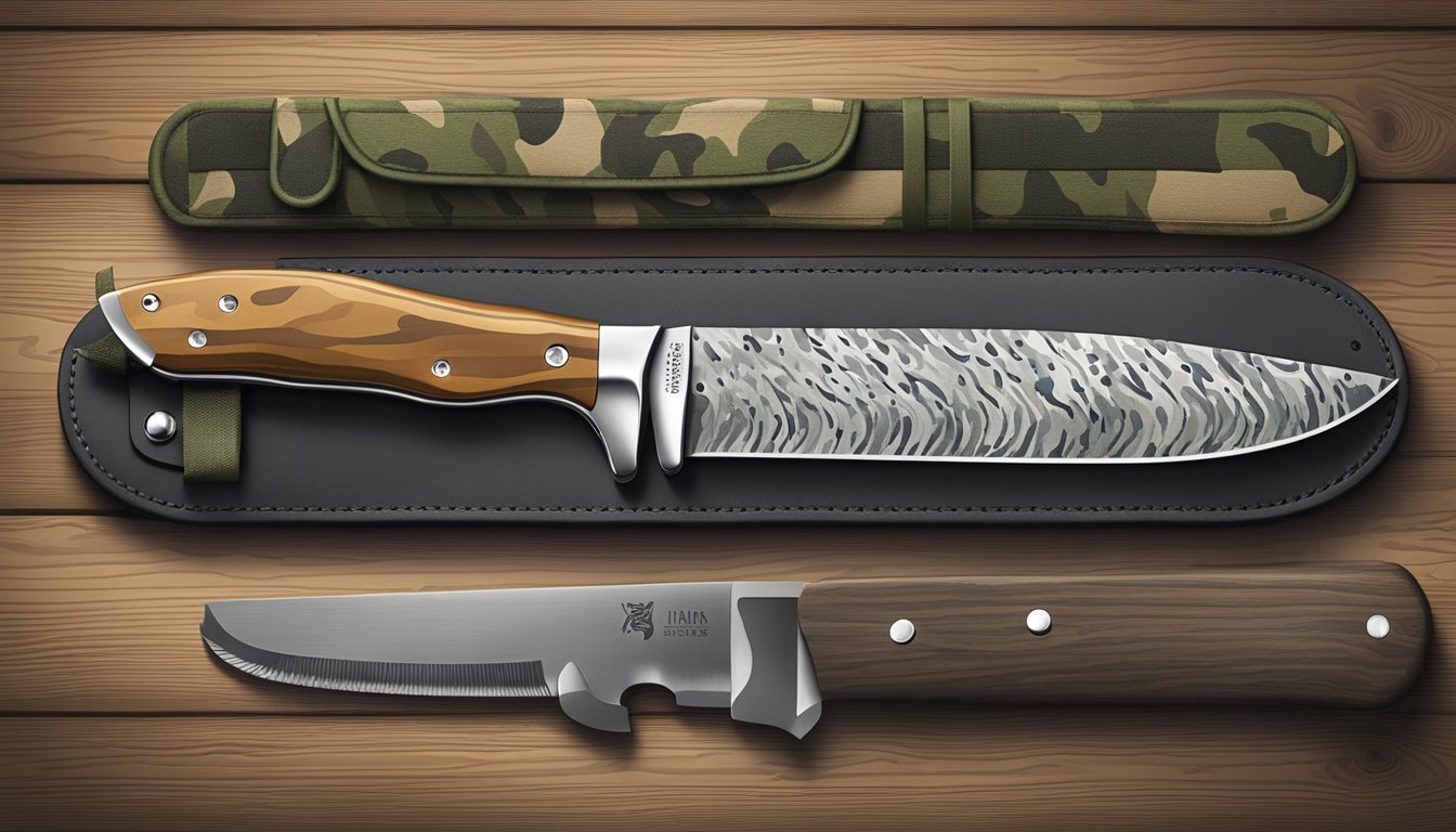 A field dressing knife set laid out on a wooden table with a camouflage backdrop