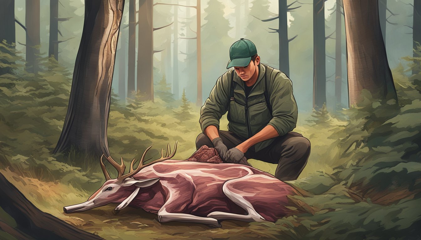 A hunter separates front shoulders and rib meat from a gutless deer carcass in a forest clearing