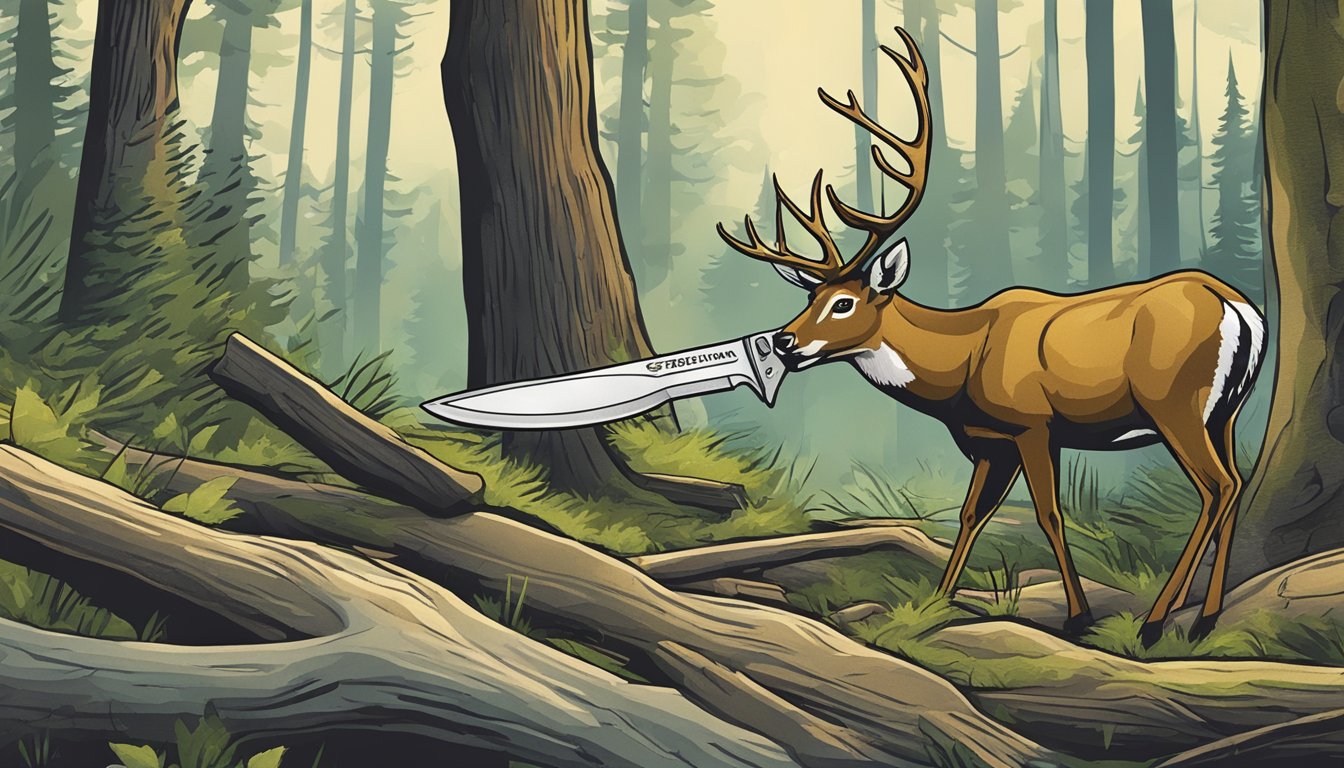 A buck knife with a curved blade slicing through deer hide in a forest clearing