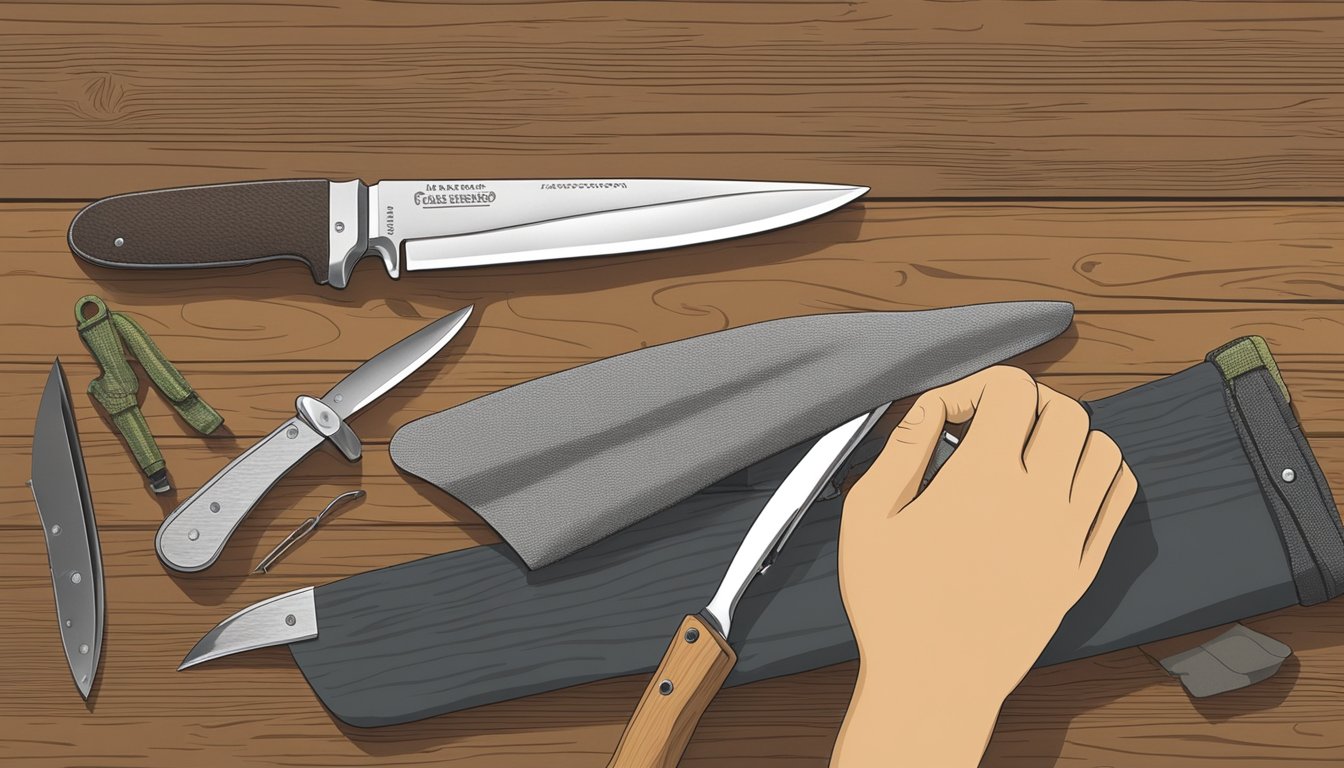 A hunter's hand selecting a field dressing knife from a variety of options on a wooden table