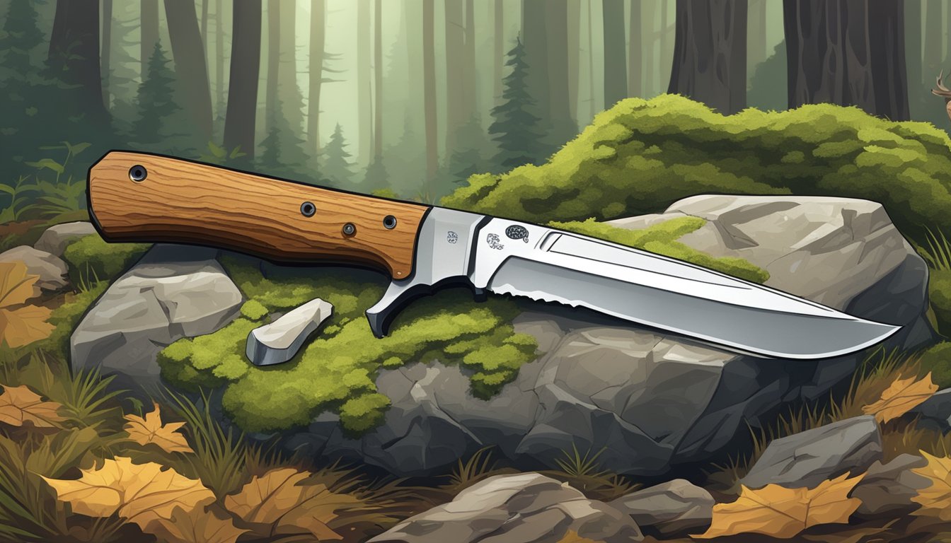 A hunting knife with a serrated blade and a wooden handle lies on a mossy rock next to a freshly skinned deer carcass in a forest clearing