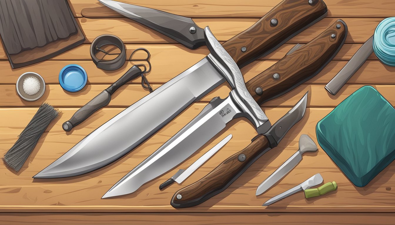 A hunting knife set laid out on a wooden table, surrounded by cleaning supplies and a sharpening stone