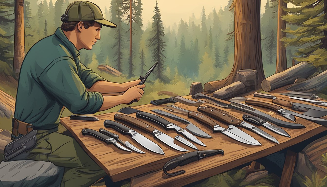 A hunter carefully choosing the best buck knife from a selection of various knives, with a backdrop of a forest or hunting camp