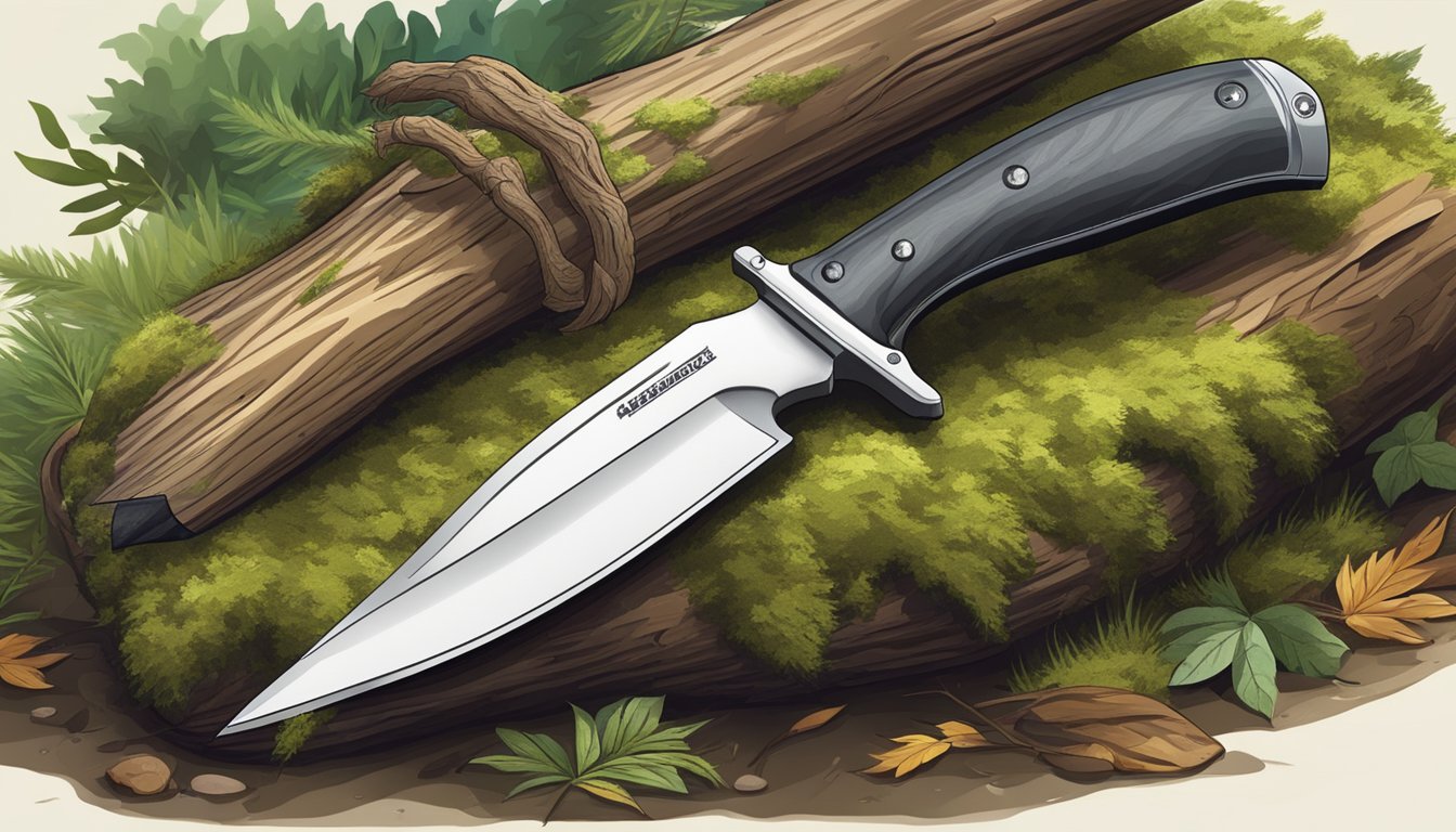 A hunting knife with a sturdy handle and a sharp, curved blade, resting on a mossy log in a forest clearing