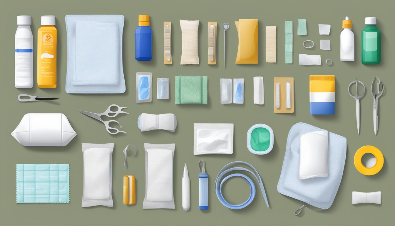 A field dressing kit laid out on a flat surface, including bandages, antiseptic wipes, scissors, and gauze