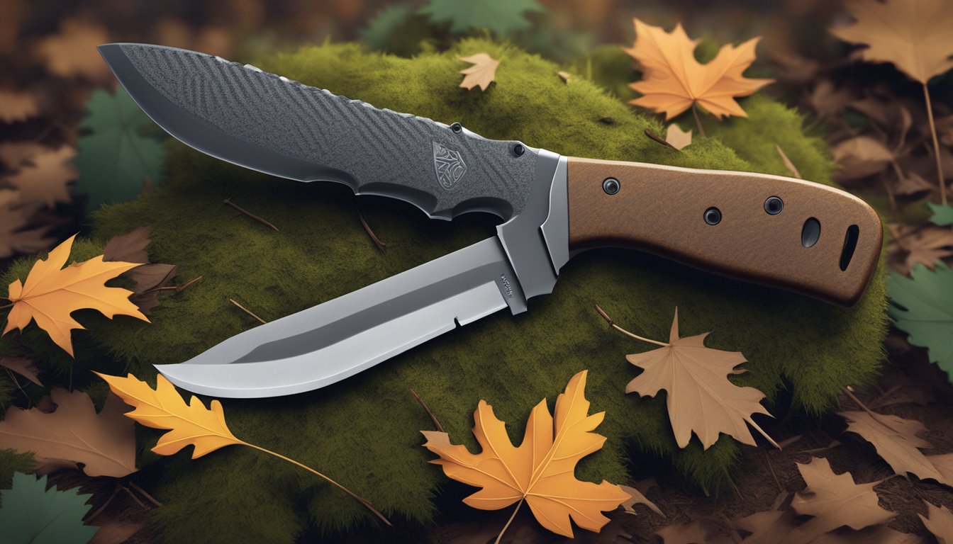 A rugged hunting knife with a serrated edge and a sturdy handle, lying on a mossy forest floor surrounded by fallen leaves and pine needles