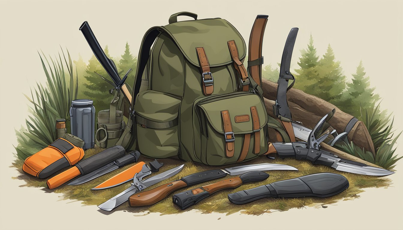 A hunting backpack open on the forest floor, revealing a collection of hunting knives nestled among other hunting gear