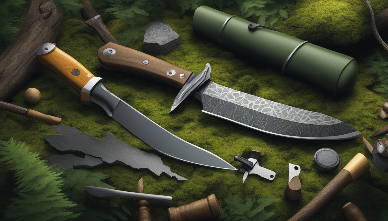 A hunting knife, sharpening stone, and various tools laid out on a mossy forest floor