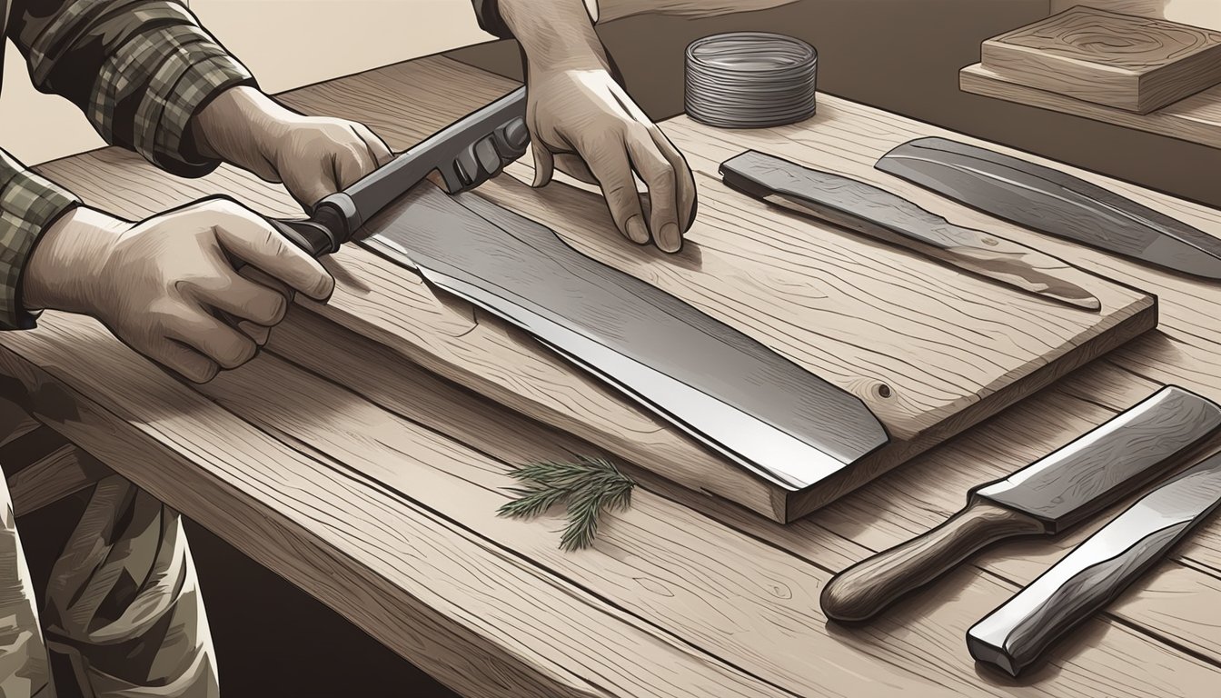 A hunter carefully tests the sharpness of different blades on a wooden cutting board, preparing to field dress a deer