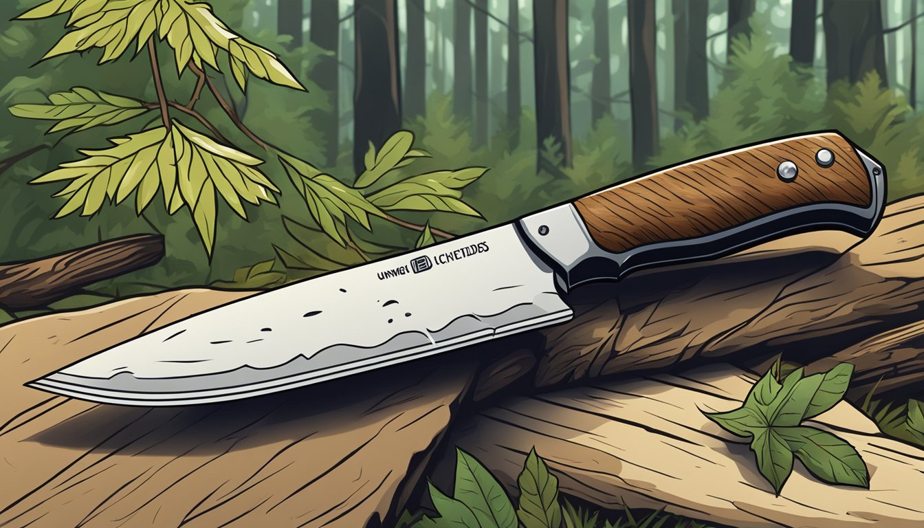 A knife with a curved blade slicing through animal hide in a forest clearing