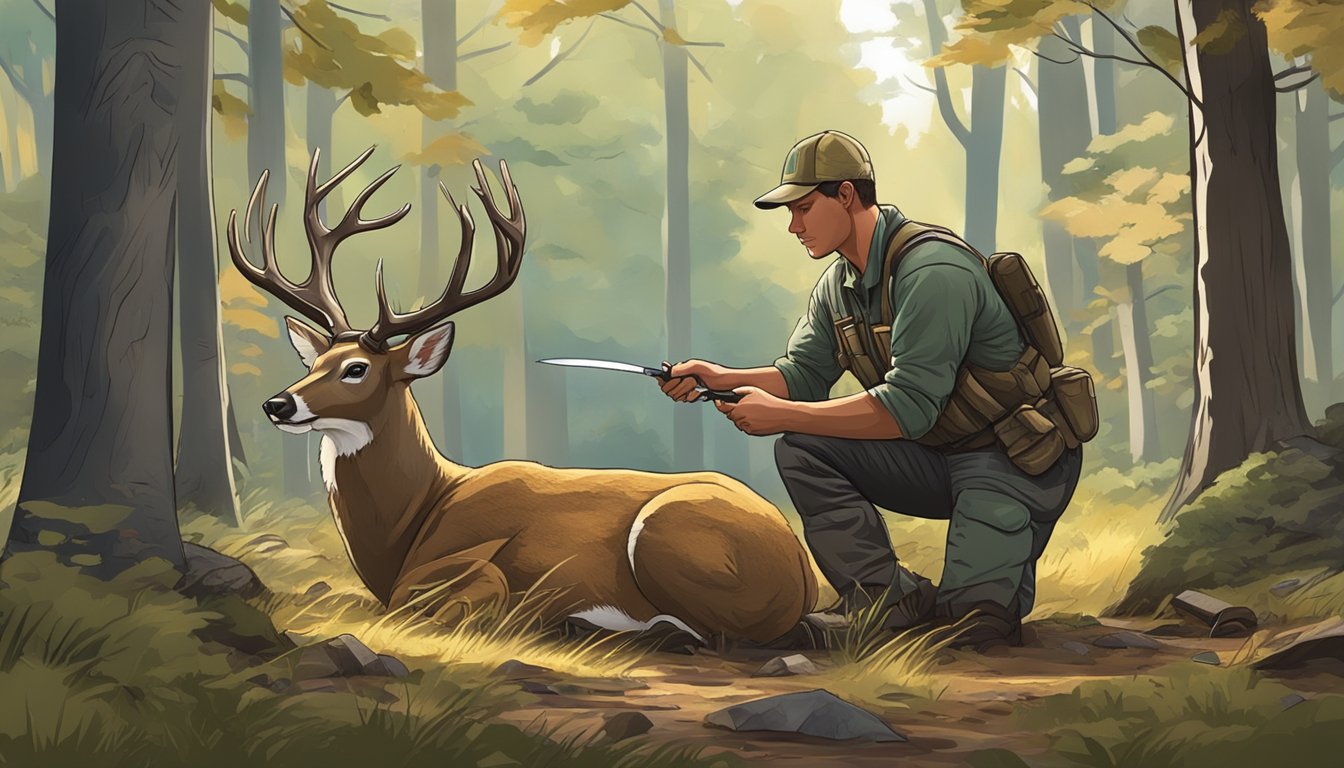 A hunter carefully field dresses a deer using a specialized knife for the task. The scene is set in a wooded area with the deer laid out on the ground