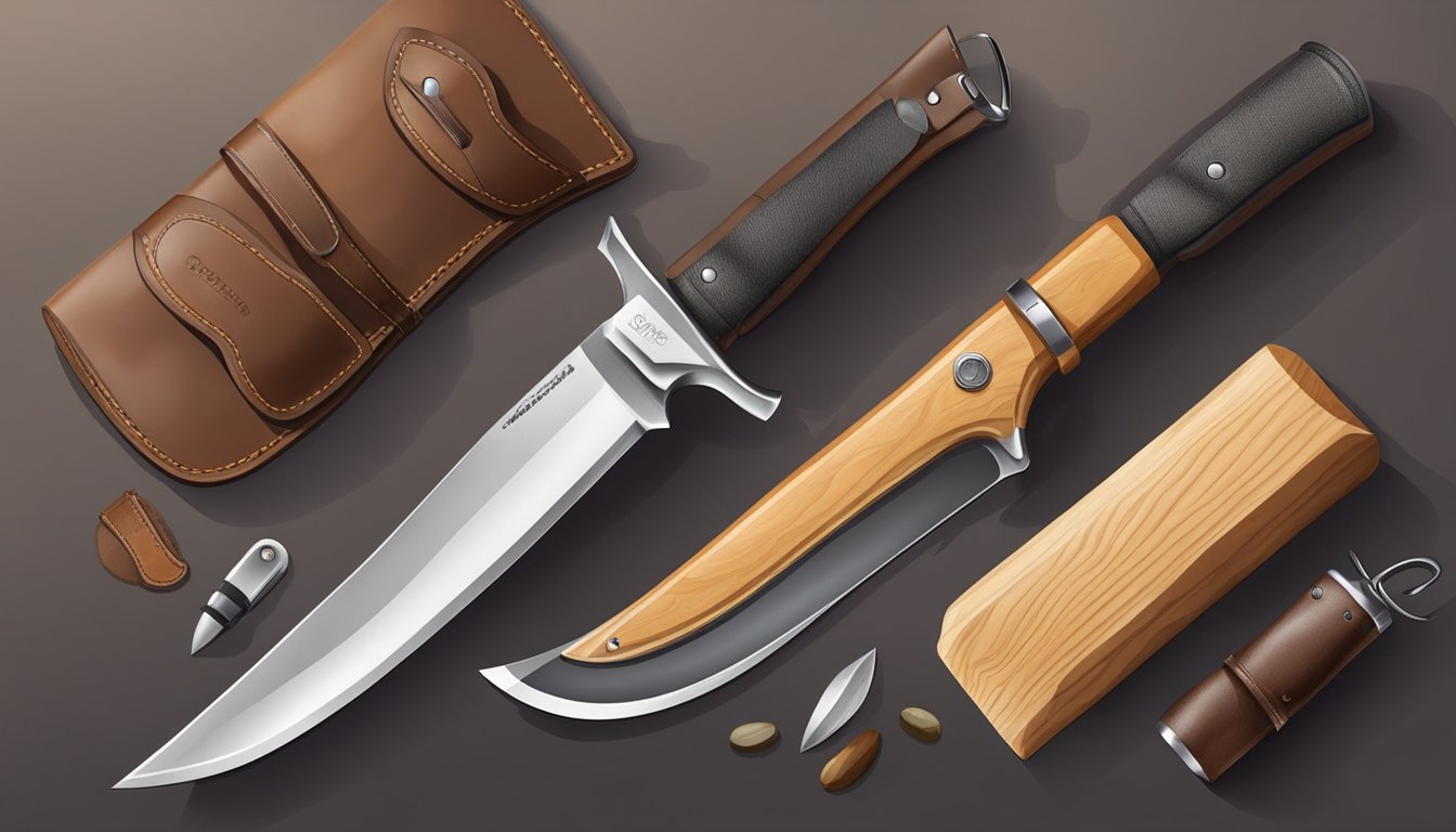 A hunting knife with a curved blade and a comfortable handle, surrounded by a leather sheath, a sharpening stone, and a pair of gloves