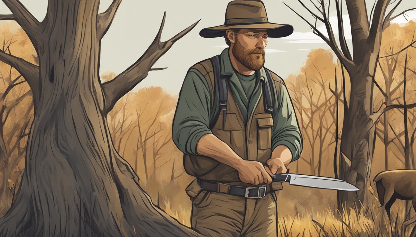 A hunter carefully sheathes a sharp knife, ready to field dress a deer