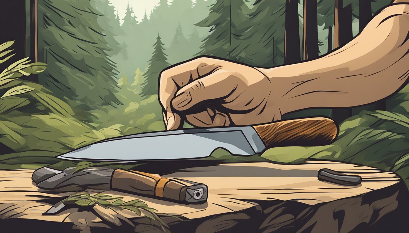 A hunter's hand sharpening a hunting knife on a whetstone in a forest clearing