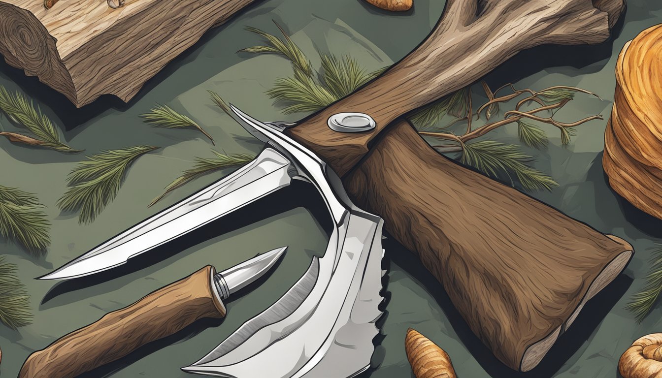 A hunter's hand holding a sleek, sharp knife with a deer carcass in the background