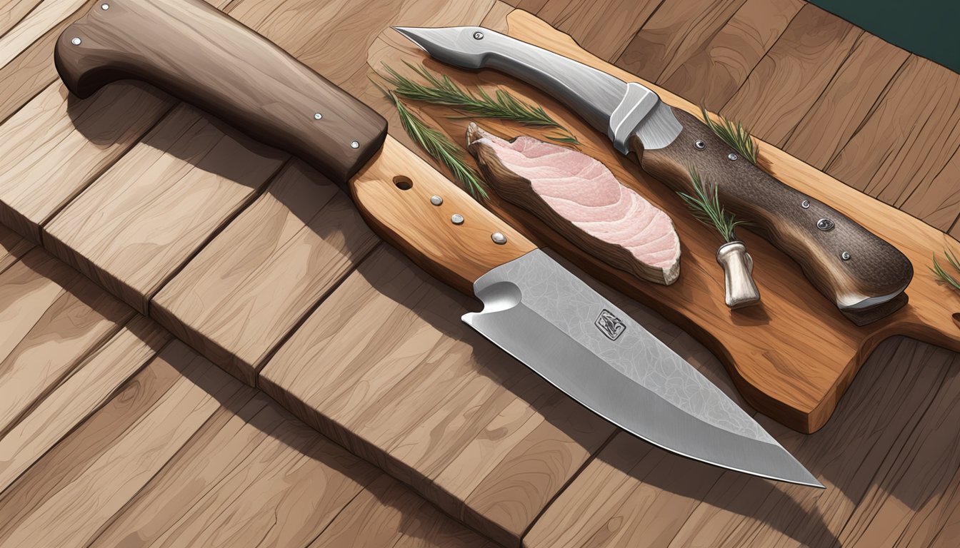 A sharp field dressing knife resting on a wooden cutting board next to a freshly skinned deer carcass