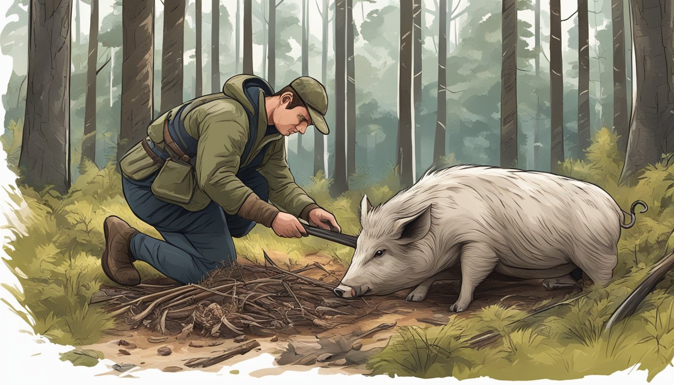 A hunter carefully removes the hide from a hog carcass in a forest clearing, surrounded by trees and wildlife