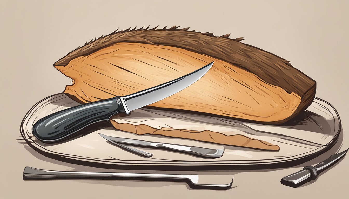 A sturdy, sharp knife slicing through the hide of a hog, with a clean, efficient cut