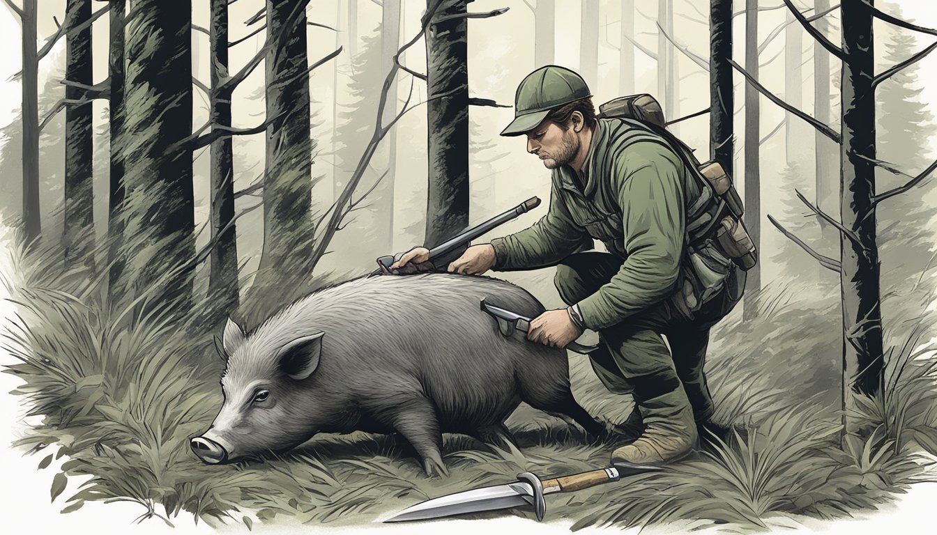 A hunter using a sharp, sturdy knife to cleanly field dress a hog in a forest clearing