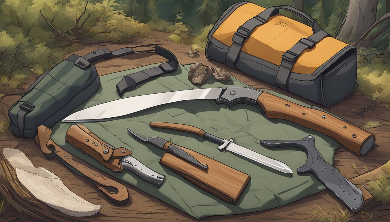 A hunting knife, latex gloves, bone saw, and game bags laid out on a clean, flat surface in a wooded area