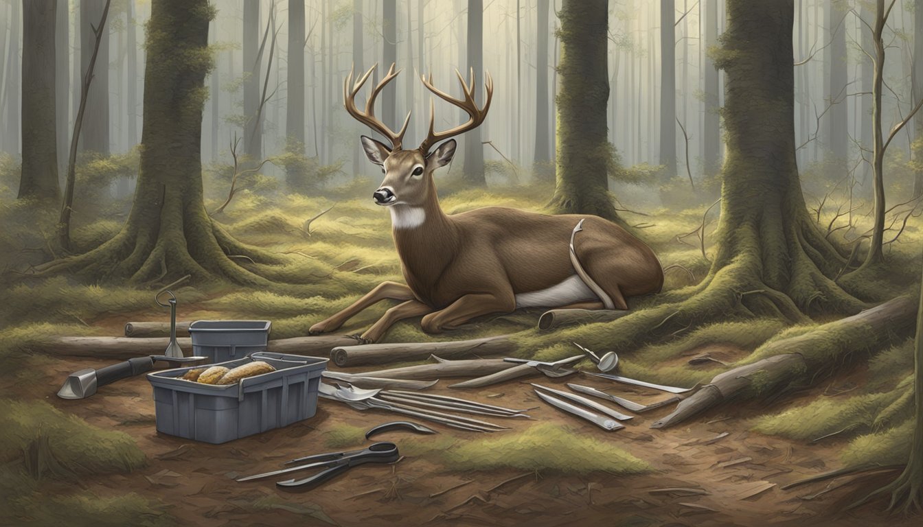 A deer carcass being carefully and methodically field dressed in a wooded area, with tools and proper techniques being used