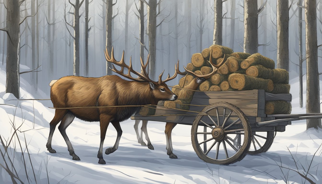 A hunter transports a deer carcass on a wheeled cart through a wooded area. The carcass is wrapped in a tarp and secured with ropes