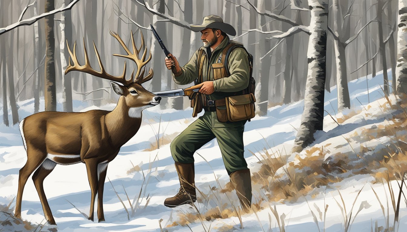 A hunter using a Buck 110 knife to field dress a deer in a wooded area