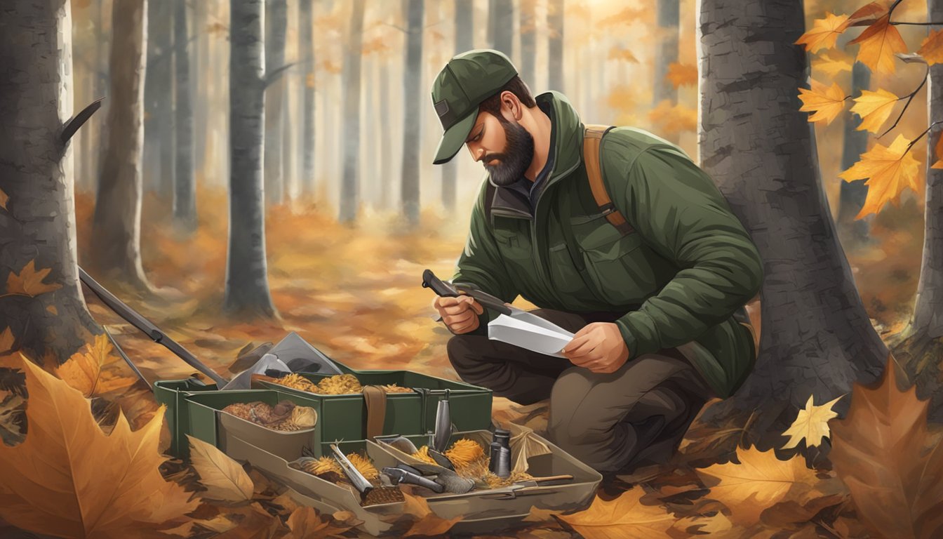 A hunter opens a big game field dressing kit in the forest, surrounded by fallen leaves and pine trees