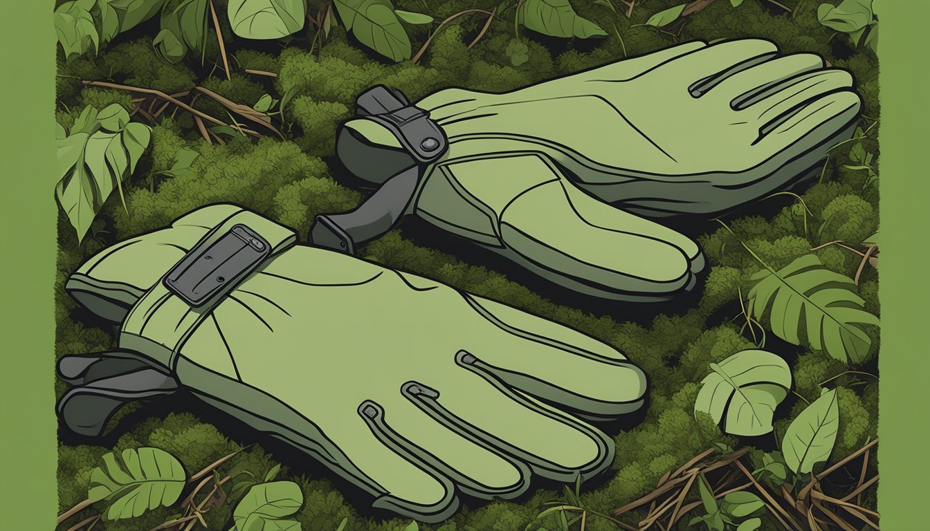 A pair of cut-resistant field dressing gloves with textured grip, reinforced stitching, and adjustable wrist straps lying on a mossy forest floor