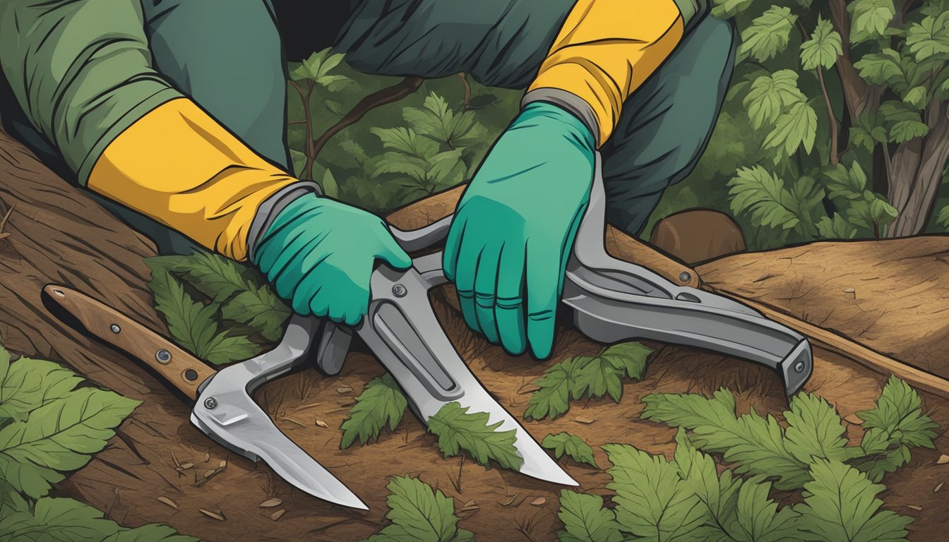 A pair of cut resistant field dressing gloves being used to handle sharp objects and tools in a forest setting